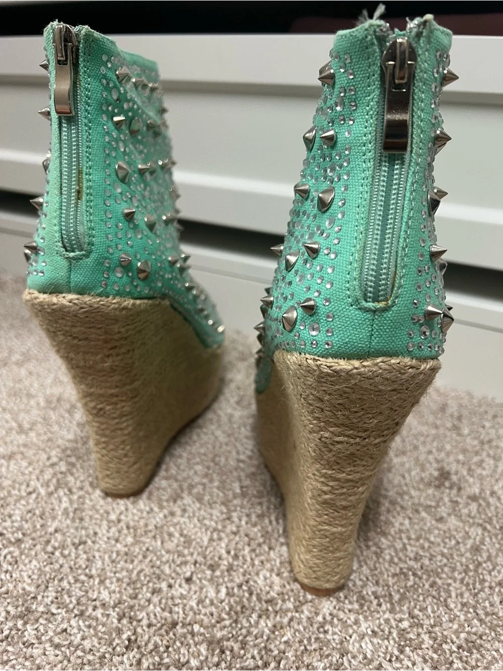 Studded Mint Green Wedge Peep-Toe Booties